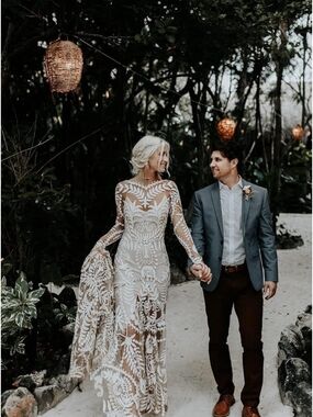 Boho Lace Wedding Dress Two Piece Long Sleeve Size L Beach Bridal Gown NWT